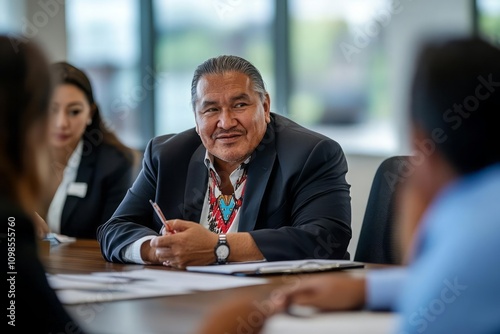 A Native American leader collaborating with other government officials in a meeting room. photo