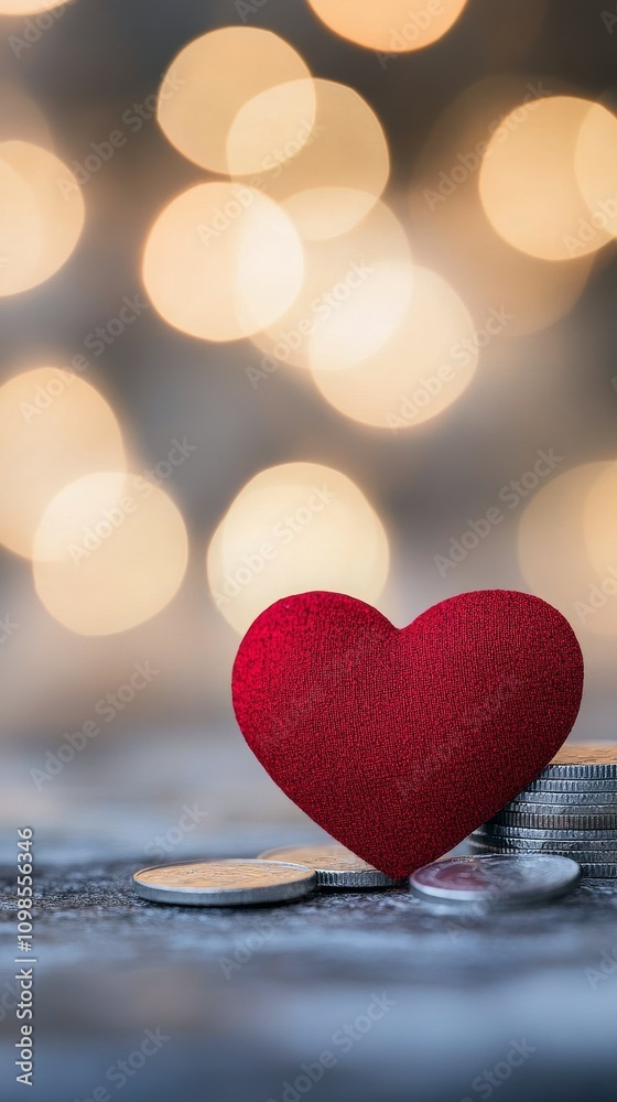 Obraz premium Red heart placed on a stack of coins creating a symbolic representation of love and wealth