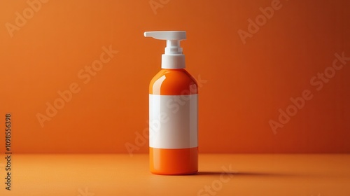 Sun cream spray bottle in minimalistic style with white and orange colors placed against a solid orange background