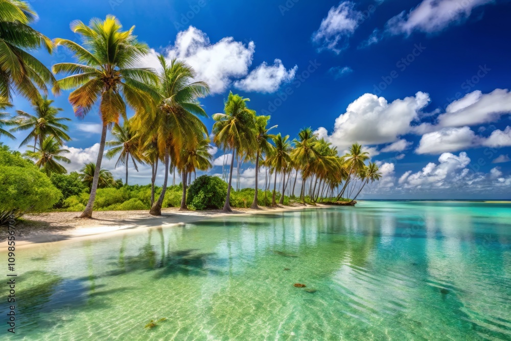 Obraz premium Breathtaking Panoramic View of the Pristine Lagoon and Salines of Sainte Anne, Martinique, Surrounded by Lush Tropical Palm Trees and Clear Blue Skies