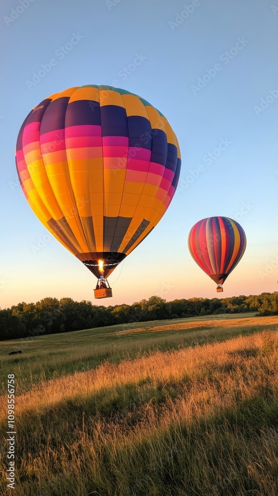 Naklejka premium Colorful hot air balloons floating in the sky during a vibrant morning