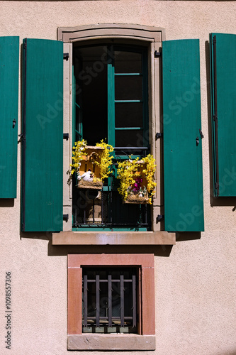 Detailed view the facade with beautiful decorated window and green wooden shutters. Charming traditional architecture in Alsace in northeastern France. Eguisheim village