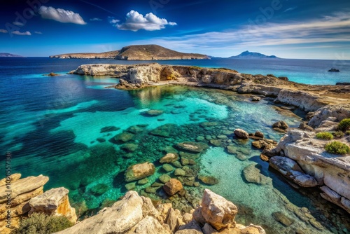 Breathtaking View of the Uninhabited Koufonissi Island Surrounded by Crystal-Clear Waters and Rocky Shores in the Aegean Sea, Greece photo