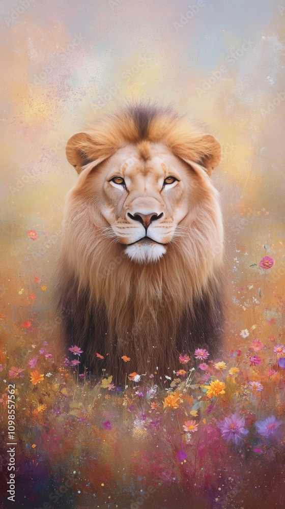 Fototapeta premium Majestic lion resting among colorful wildflowers in a tranquil landscape