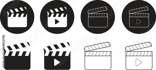 Open cinema clapboard filming movie design element icon set. Clapperboard for video camera action. Vector black flat and line collection isolated on transparent background. Cinematography sign