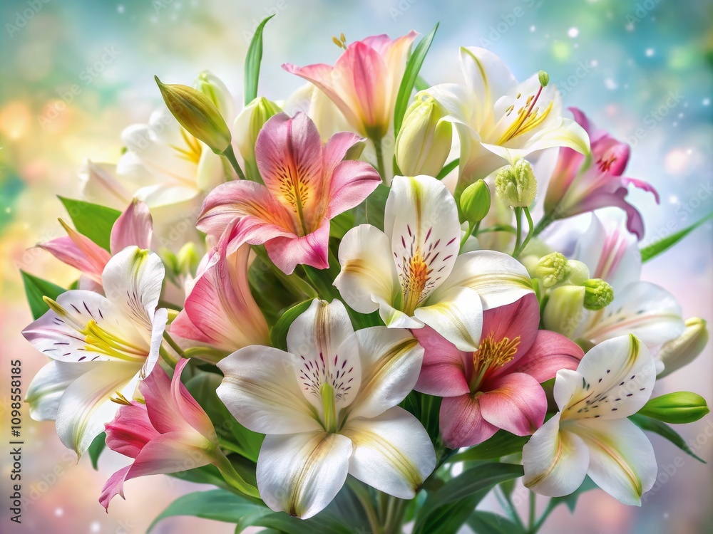 Fototapeta premium Elegant Watercolor Lilies Bouquet for Wedding Invitations, Perfect for Floral Designs with a Soft and Romantic Touch for Special Occasions