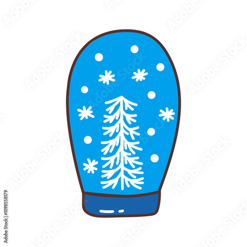 Snow blue glass ball with white Christmas tree and snowing. Colorful vector isolated illustration hand drawn doodle. Festive winter season present card, New Year vibe. Icon clip art