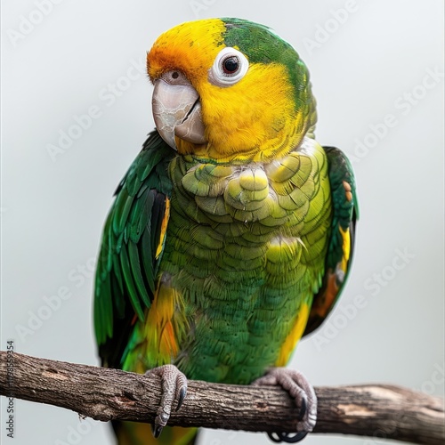 Panama Yellow headed Amazon (5 months old) perched on a branch  isolated on white photo