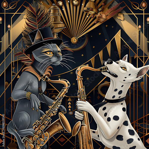 A vibrant 1920s speakeasy showcases a Siamese cat jazz singer captivating the audience alongside a Dalmatian playing saxophone, adorned in glamorous fashion with gold accents photo