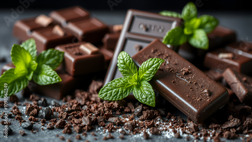 A visually stunning display of rich, dark chocolate bars, shards, and crumbs, complemented by the refreshing touch of mint leaves photo