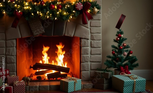 Christmas fireplace with a roaring fire holiday lights twinkling red and green decorations and wrapped presents clean background--c100 christmas fireplace design holiday celebration decoration photo