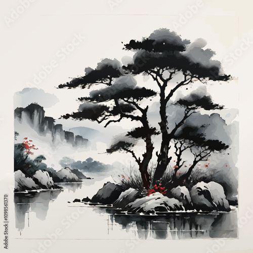 asian watercolor landscape painting with river and trees vector illusttration