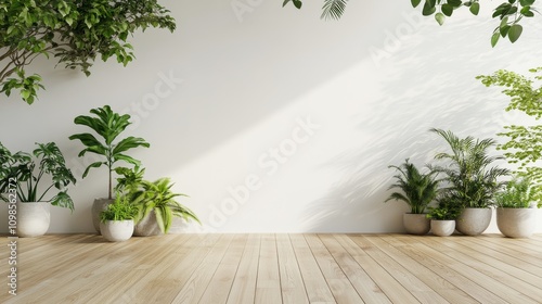 Indoor plants arranged in decorative pots on wooden floor with sunlight casting shadows