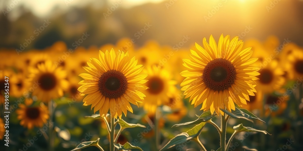 Obraz premium Two Sunflowers Basking in Golden Hour Light, Their Petals Unfurling Towards the Warm Sunset Glow