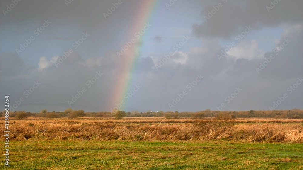 beautiful, landscape scenery with rainbow over Irish field at county Galway, Ireland, nature background