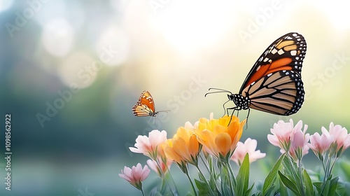 A stunningly vibrant and dreamy spring scene, featuring a soft focus background of lush greenery, colorful flowers in full bloom, a delicate butterfly flitting about photo