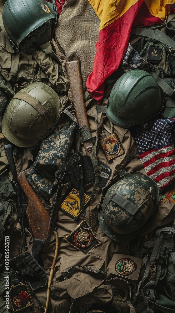 Fototapeta premium Vintage Military Gear Display Featuring Helmets, Flags, and Uniforms Create a Unique Tribute to Historical Military Heritage and Valor of Soldiers