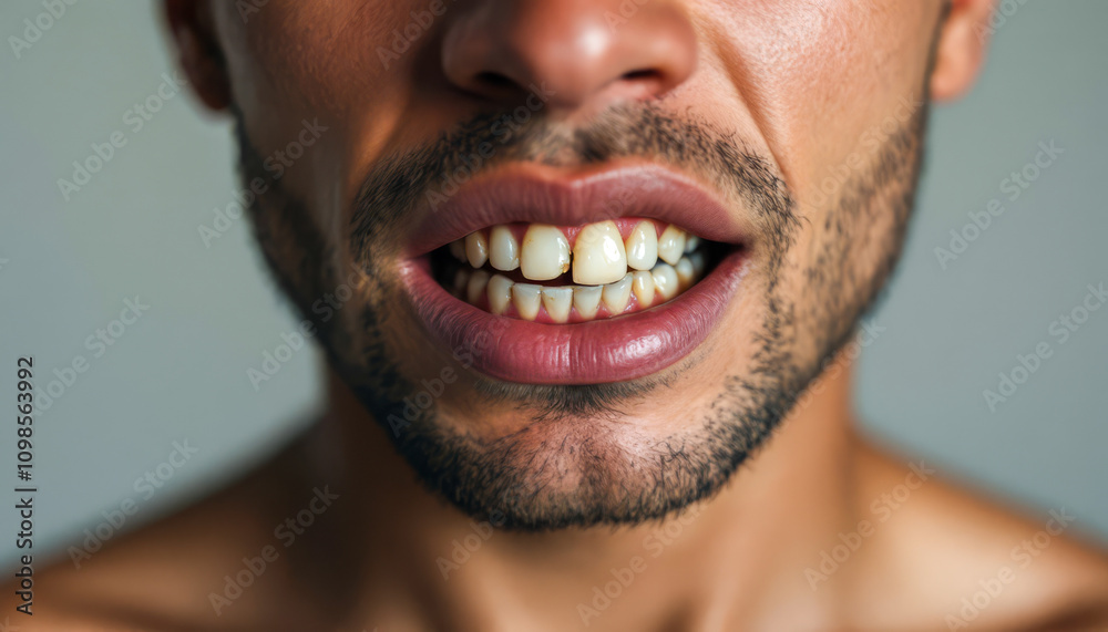 Fototapeta premium A close-up image of a man showing his teeth in very poor conditi