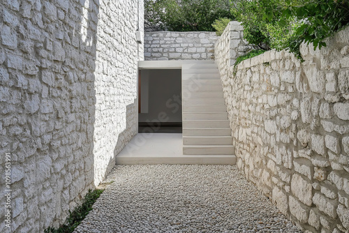 An entrance to the house features two walls made of white stone with stairs leading up to an open door, surrounded by greenery. The minimalistic architecture includes a stone wall. photo