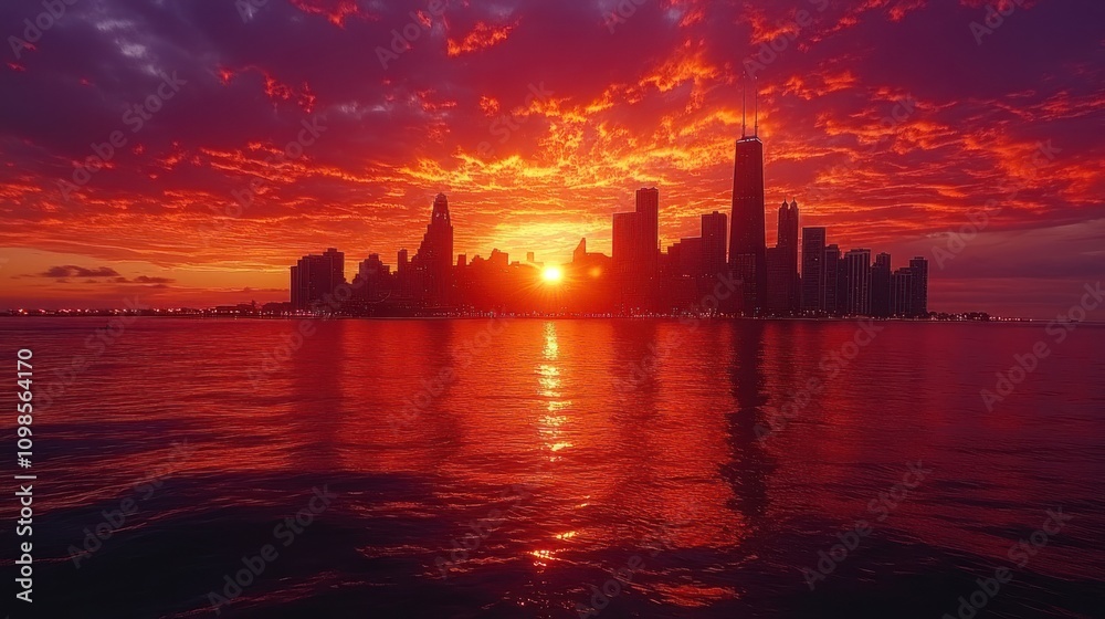 Obraz premium Fiery Sunset Over Chicago City Skyline