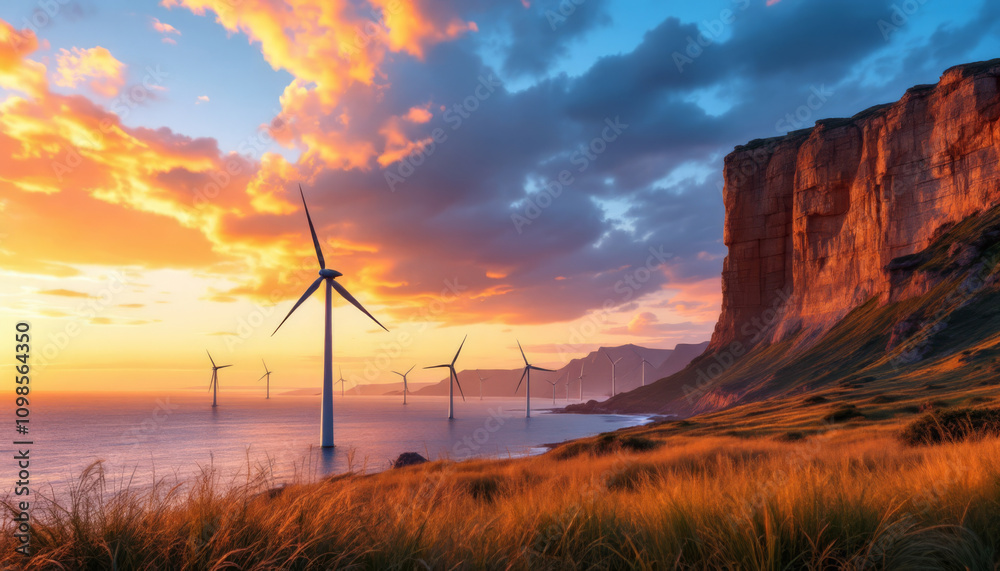 Obraz premium Coastal Wind Farm at Dramatic Sunset