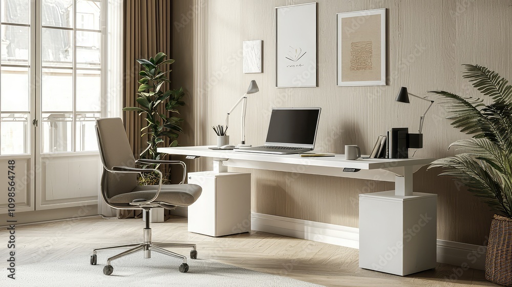 Fototapeta premium Minimalistic Workspace with White Desk, Modern Laptop, Stylish Chair, and Decorative Plants for a Productive Office Environment