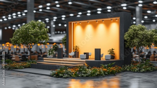 Stage with illuminated lighting and greenery in a modern event setting ideal for advertising, event promotions, and corporate presentations

 photo