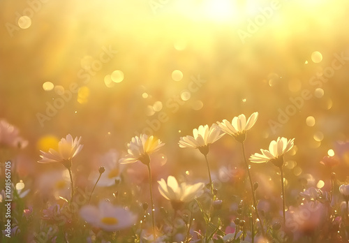 A field of wildflowers bathed in the golden glow of sunset.