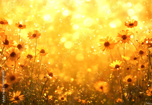 A field of wildflowers bathed in the golden glow of sunset.