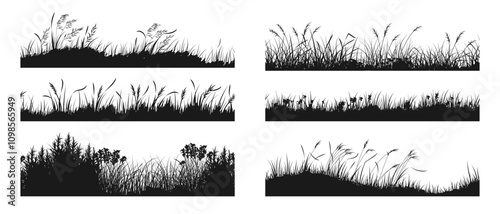 Grass silhouette. Reed meadow. Plant grassland horizon. Flower field landscape. Spring garden foliage. Scenery black border. Swamp panorama. Vector wildflowers flat frame backgrounds set