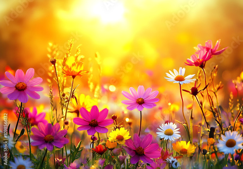 A field of wildflowers bathed in the golden glow of sunset.