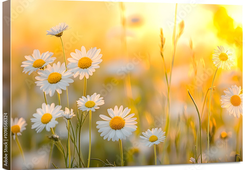 A field of wildflowers bathed in the golden glow of sunset.