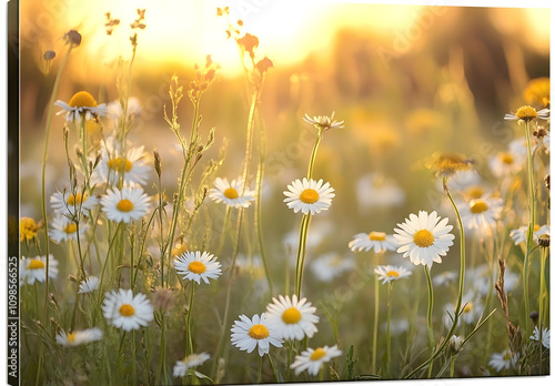 A field of wildflowers bathed in the golden glow of sunset.