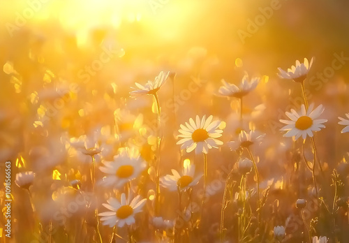 A field of wildflowers bathed in the golden glow of sunset.