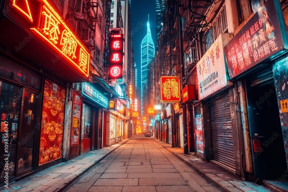 Fototapeta premium Neon Alley: Cyberpunk Cityscape with Vibrant Signs. 