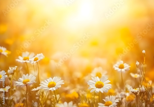 A field of wildflowers bathed in the golden glow of sunset.
