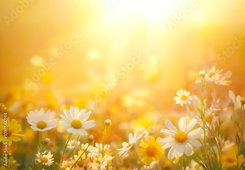 A field of wildflowers bathed in the golden glow of sunset.