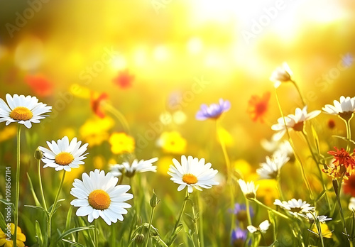 A field of wildflowers bathed in the golden glow of sunset.