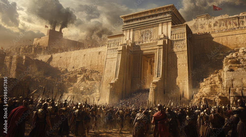 Obraz premium A Dramatic Interpretation of Nebuchadnezzar II's Triumphant Entry into Jerusalem, Showcasing Ancient Architecture and Captivating Historical Events