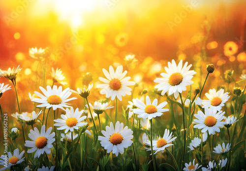 A field of wildflowers bathed in the golden glow of sunset.