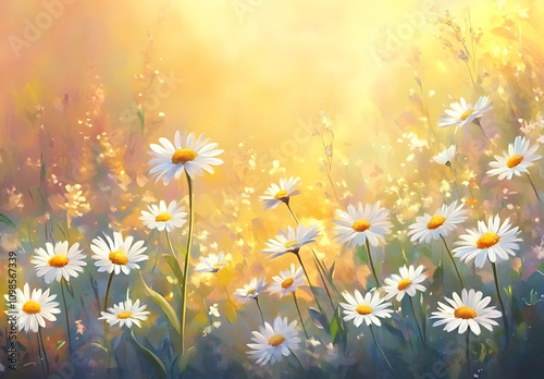 A field of wildflowers bathed in the golden glow of sunset.