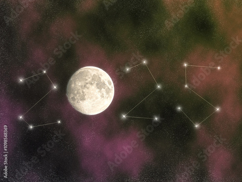 Full Moon and Starry Night Forming 2025 in Constellations