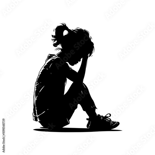 A silhouette of a child sitting with head down, minimalist style, on a plain background, conveying a sense of sadness