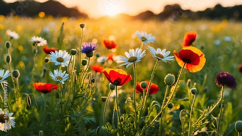 Sunrise over a vibrant field of wildflowers in full bloom

 photo