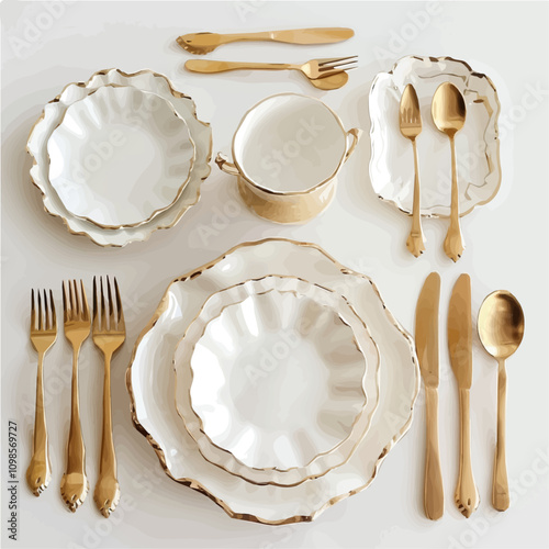 A watercolor drawing of White and Gold Plates, isolated on a white background. Plates vector.