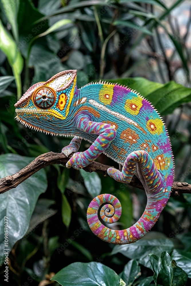 Fototapeta premium Multicolored chameleon perched on a branch with green backdrop.