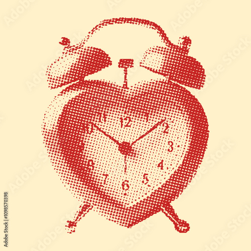 heart-shaped alarm clock, retro photocopy stipple effect, halftone design illustration