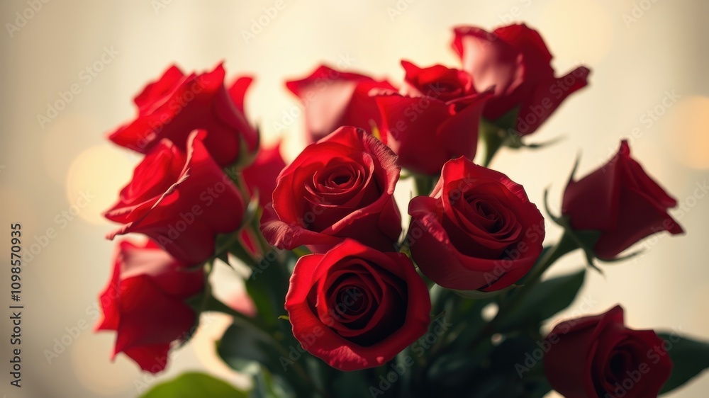 Obraz premium A Bouquet of Vibrant Red Roses in Soft Lighting, Capturing the Elegance and Beauty of Nature's Blossoms