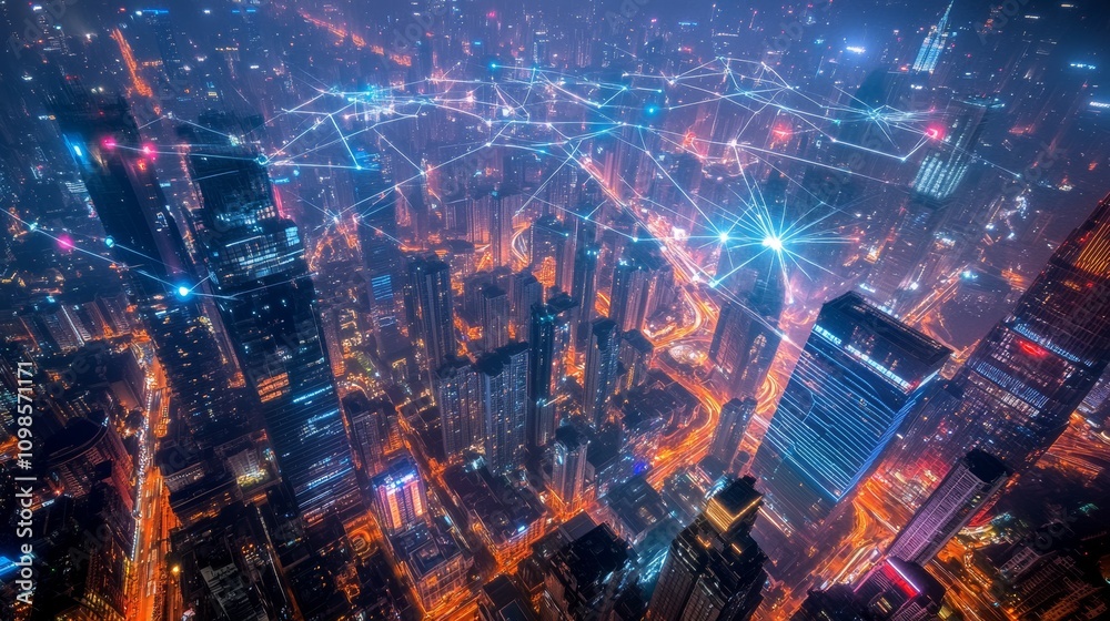 Fototapeta premium A Nighttime Metropolis: Connected Cityscape