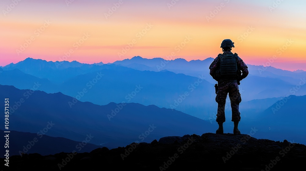 Fototapeta premium Silhouette of a Soldier Standing at Sunrise on a Mountain Top, Capturing the Essence of Courage and Freedom in a Breathtaking Landscape